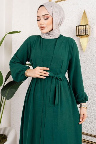 moda selvim Kuşaklı Abaya Elbise Takım 0336BG354 Zümrüt - Thumbnail