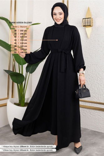 MRV B.G.S. - Kuşaklı Abaya Elbise Takım 0336BGS895-M Siyah