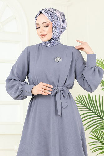 moda selvim Kuşaklı Aerobin Tesettür Takım 8018TRT545 Gri - Thumbnail