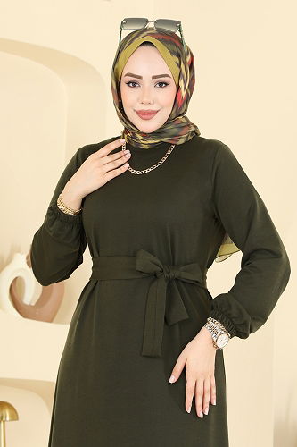 moda selvim Kuşaklı Fırfır Detaylı Elbise 718PM271 Haki - Thumbnail