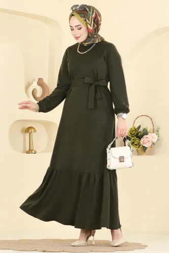 P.R.M. - Kuşaklı Fırfır Detaylı Elbise 718PM271 Haki