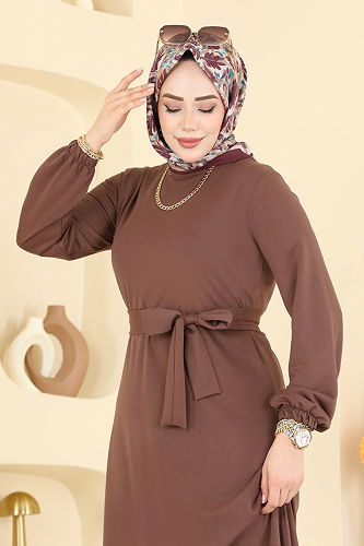 moda selvim Kuşaklı Fırfır Detaylı Elbise 718PM271 Pudra Vizyon - Thumbnail