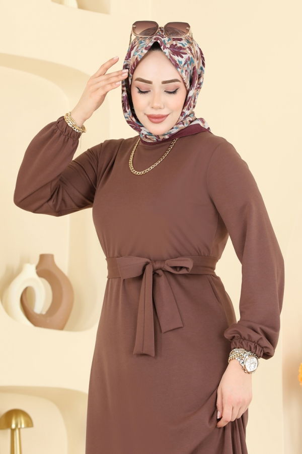 Modaselvim Elbise Kuşaklı Fırfır Detaylı Elbise 718PM271 Pudra Vizyon