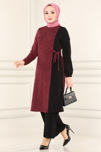 moda selvim Kuşaklı Kışlık Takım 6013MRT754 Bordo&Siyah - Thumbnail