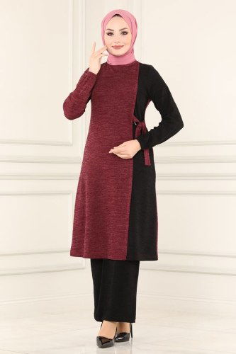 moda selvim Kuşaklı Kışlık Takım 6013MRT754 Bordo&Siyah - Thumbnail