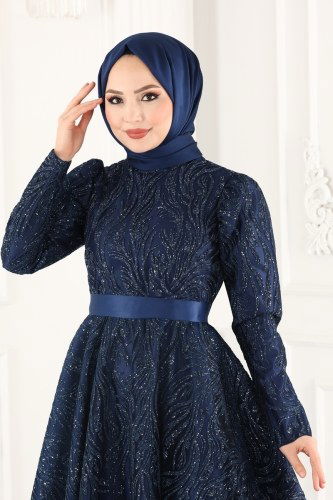 moda selvim Kuşaklı Midi Simli Tül Abiye 6483YG95 Laci - Thumbnail