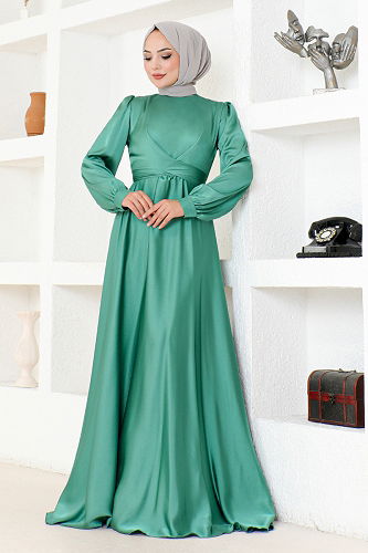moda selvim Kuşaklı Saten Abiye END5599-M Mint - Thumbnail