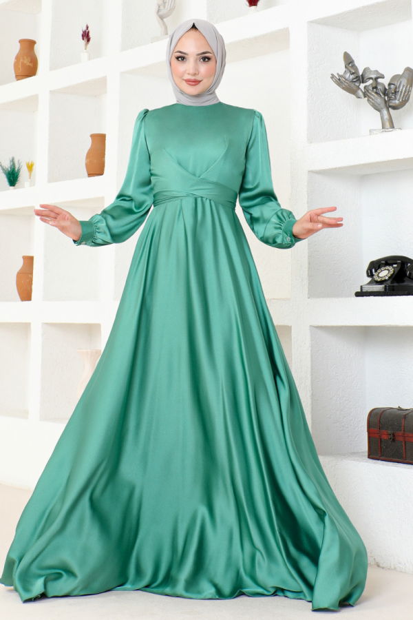 Modaselvim ABİYE Kuşaklı Saten Abiye END5599-M Mint