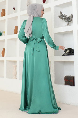 moda selvim Kuşaklı Saten Abiye END5599-M Mint - Thumbnail