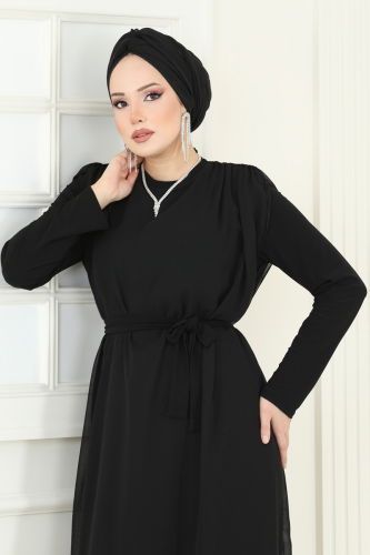 moda selvim Kuşaklı Şifon Tulum 5686EDF311 Siyah - Thumbnail