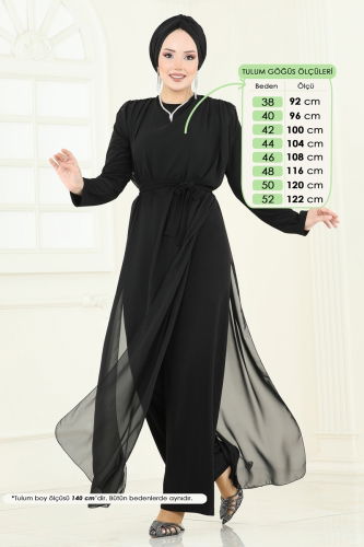 moda selvim Kuşaklı Şifon Tulum 5686EDF311 Siyah - Thumbnail