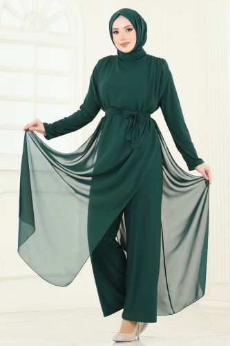 moda selvim Kuşaklı Şifon Tulum 5686EDF311 Zümrüt - Thumbnail