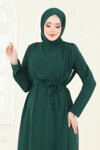 moda selvim Kuşaklı Şifon Tulum 5686EDF311 Zümrüt - Thumbnail