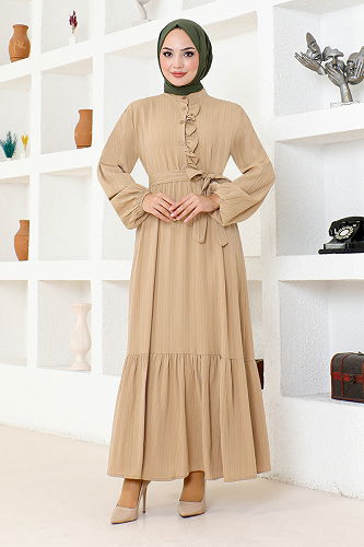 moda selvim Kuşaklı Şık Elbise HBS2459-M Vizon - Thumbnail