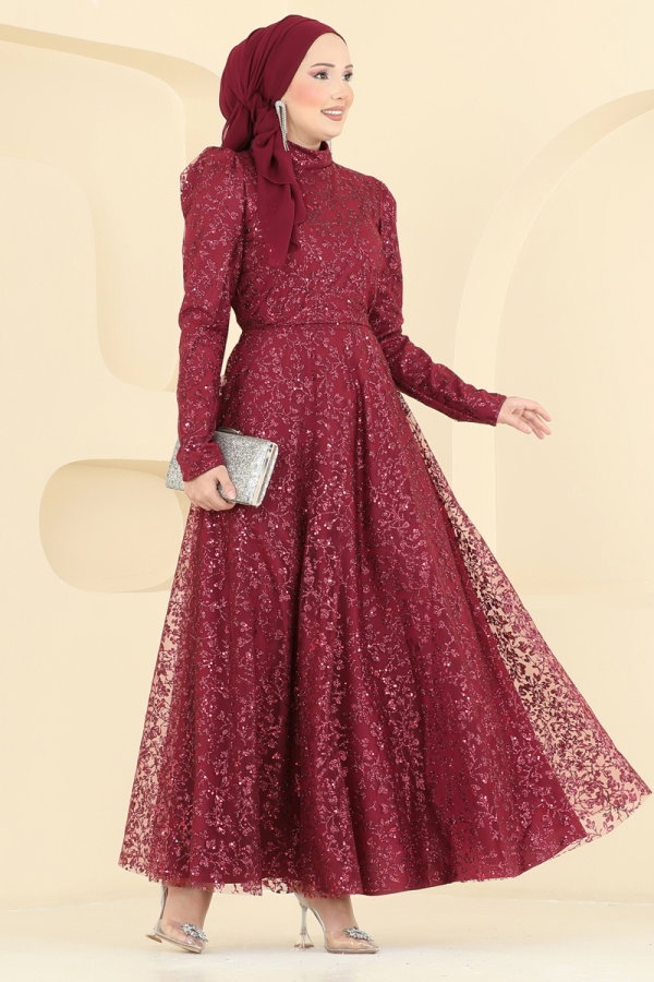 Modaselvim ABİYE Kuşaklı Simli Tül Abiye 5817EDFK1198 Bordo