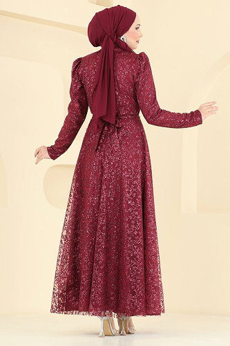 moda selvim Kuşaklı Simli Tül Abiye 5817EDFK1198 Bordo - Thumbnail