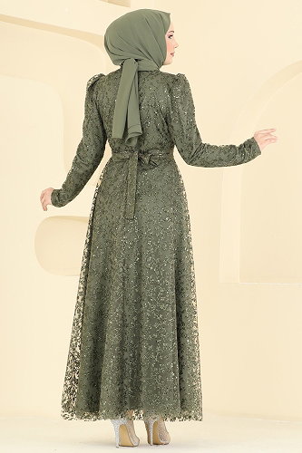 moda selvim Kuşaklı Simli Tül Abiye 5817EDFK1198 Haki - Thumbnail