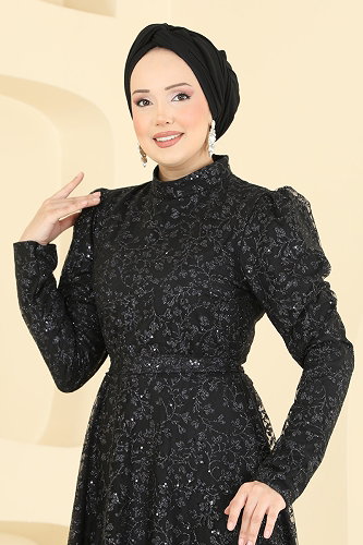 moda selvim Kuşaklı Simli Tül Abiye 5817EDFK1198 Siyah - Thumbnail