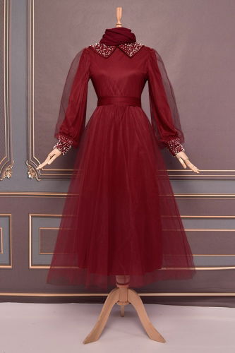 MRV A.S.M. - Kuşaklı Tül Abiye ASM2479-M Bordo