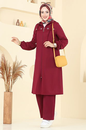 moda selvim Kuşgözü Detaylı Dabıl Takım 443DVL817 Bordo - Thumbnail