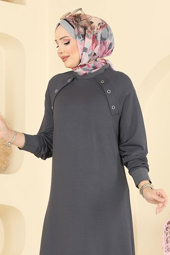 moda selvim Kuşgözü Detaylı Kristal Elbise 3455UZ662 Gri - Thumbnail