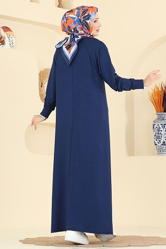 moda selvim Kuşgözü Detaylı Kristal Elbise 3455UZ662 İndigo - Thumbnail