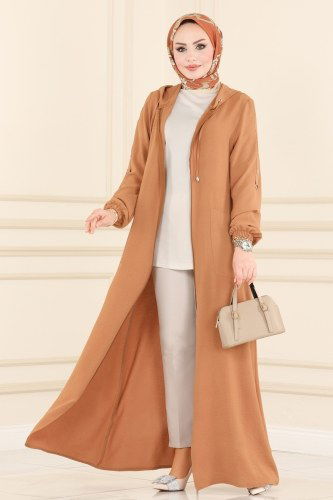 moda selvim Kuşgözü Detaylı Mevsimlik Ferace 6808S324 Latte - Thumbnail