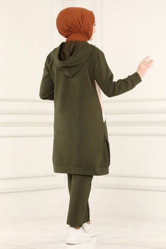 moda selvim Kuşgözü Detaylı Spor Takım 7054NZR779 Haki - Thumbnail