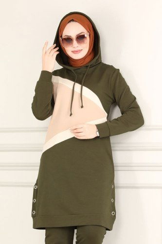 moda selvim Kuşgözü Detaylı Spor Takım 7054NZR779 Haki - Thumbnail