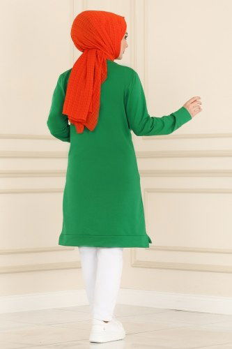 moda selvim Kuşgözü Detaylı Spor Tunik 8842AYD574 Benetton Yeşili - Thumbnail