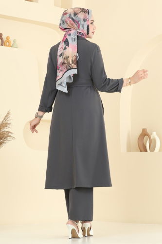moda selvim Kuşgözü Detaylı Tesettür Takım 2694SL432 Antrasit - Thumbnail