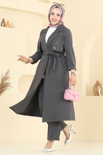 moda selvim Kuşgözü Detaylı Tesettür Takım 2694SL432 Antrasit - Thumbnail