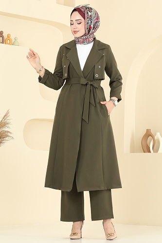 moda selvim Kuşgözü Detaylı Tesettür Takım 2694SL432 Haki - Thumbnail