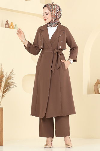 moda selvim Kuşgözü Detaylı Tesettür Takım 2694SL432 Koyu Vizyon - Thumbnail