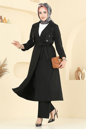 moda selvim Kuşgözü Detaylı Tesettür Takım 2694SL432 Siyah - Thumbnail