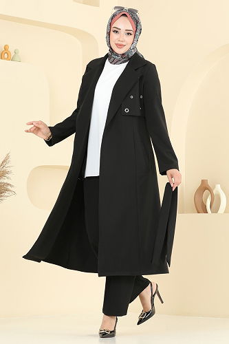 moda selvim Kuşgözü Detaylı Tesettür Takım 2694SL432 Siyah - Thumbnail