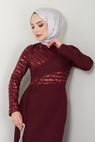 moda selvim Kuyruk Detaylı Tesettür Abiye ASM2711 Bordo - Thumbnail