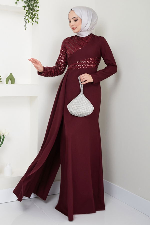 Modaselvim BAHAR İNDİRİMLERİ Kuyruklu Pul Payet Abiye 2711ASMK1074 Bordo