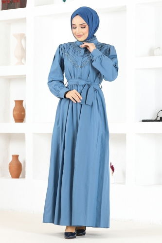 moda selvim Lace Detailed Hijab Dress MSL7020 Blue - Thumbnail