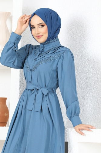 moda selvim Lace Detailed Hijab Dress MSL7020 Blue - Thumbnail