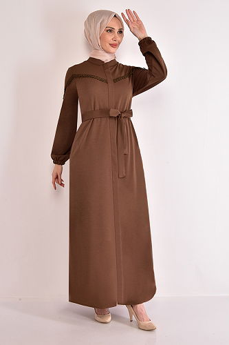 moda selvim Lace Embroidered Abaya NYA2643-M Coffee - Thumbnail