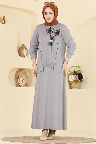 moda selvim Leopar Çiçekli 2 li Takım 2607TPK1167 Gri - Thumbnail