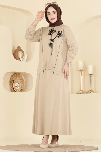 moda selvim Leopar Çiçekli 2 li Takım 2607TPK1167 Krem - Thumbnail