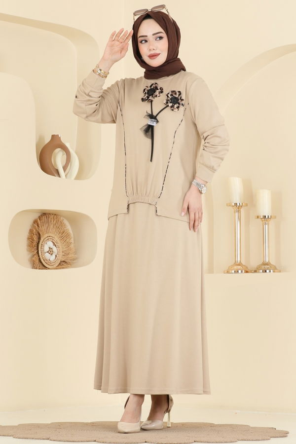 Modaselvim Kombin Leopar Çiçekli 2 li Takım 2607TPK1167 Krem