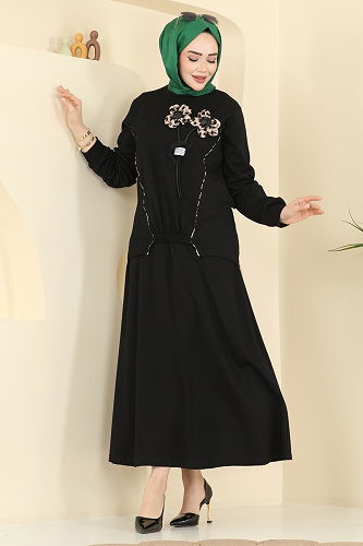 moda selvim Leopar Çiçekli 2 li Takım 2607TPK1167 Siyah - Thumbnail