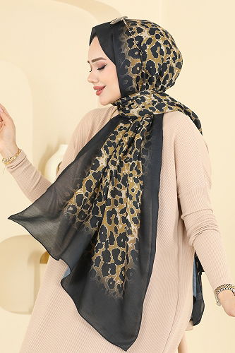 moda selvim Leopar Desen Soft Şal Serisi 154IPK758 Asit&Siyah - Thumbnail