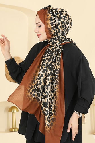 moda selvim Leopar Desen Soft Şal Serisi 154IPK758 Kahve - Thumbnail
