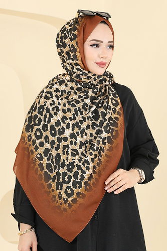 moda selvim Leopar Desen Soft Şal Serisi 154IPK758 Kahve - Thumbnail