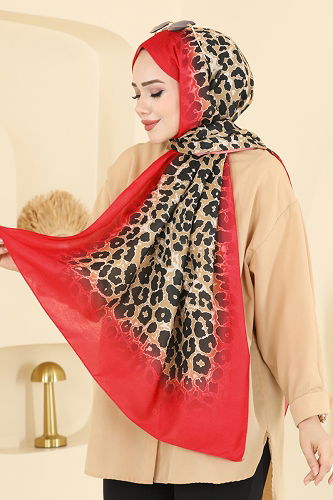 moda selvim Leopar Desen Soft Şal Serisi 154IPK758 Kırmızı - Thumbnail