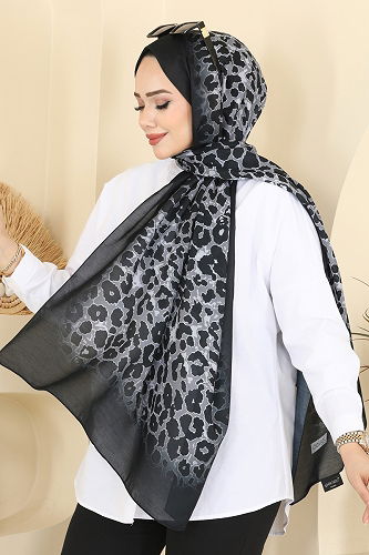 moda selvim Leopar Desen Soft Şal Serisi 154IPK758 Siyah - Thumbnail
